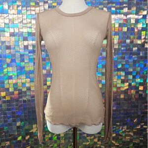 Womens Long Sleeve Mesh Fishnet See Through Sheer Knit Top Shirt Taupe Size M